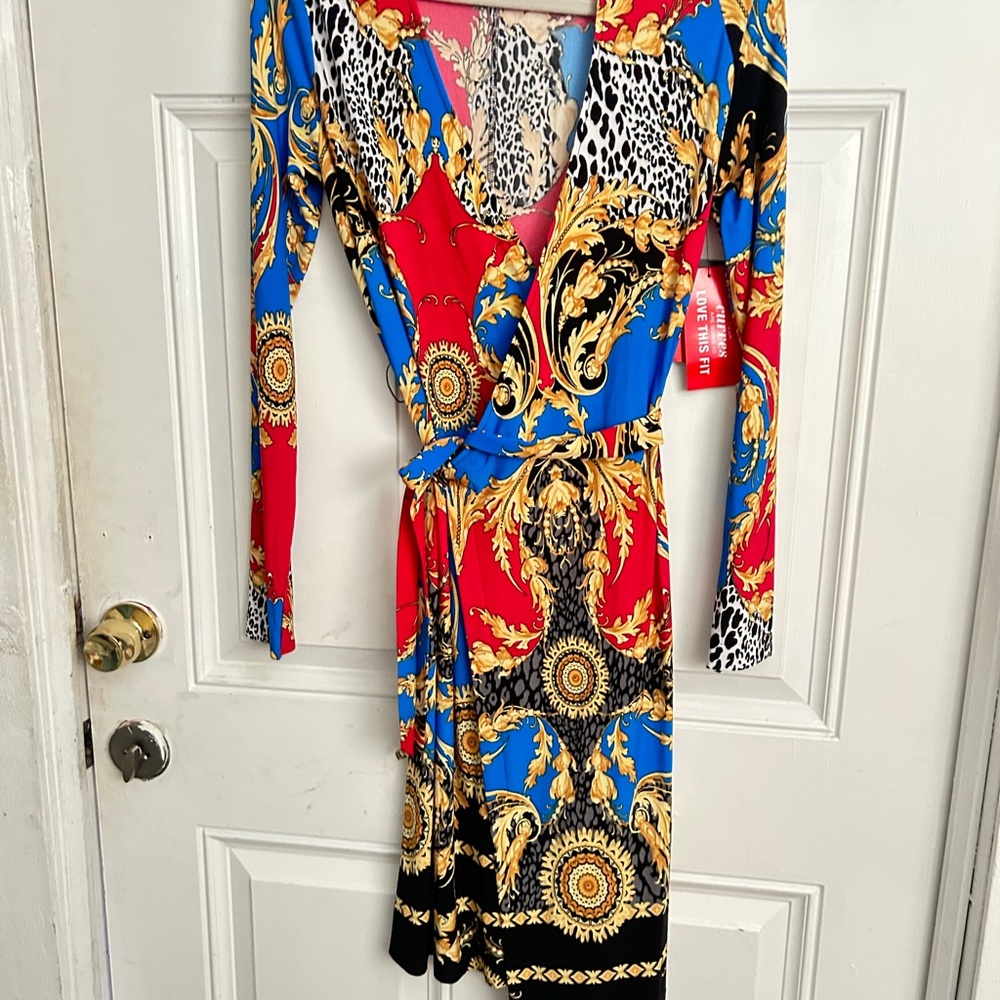 BOLD elements Red and Blue Sheath Dress with Plunge Neckline